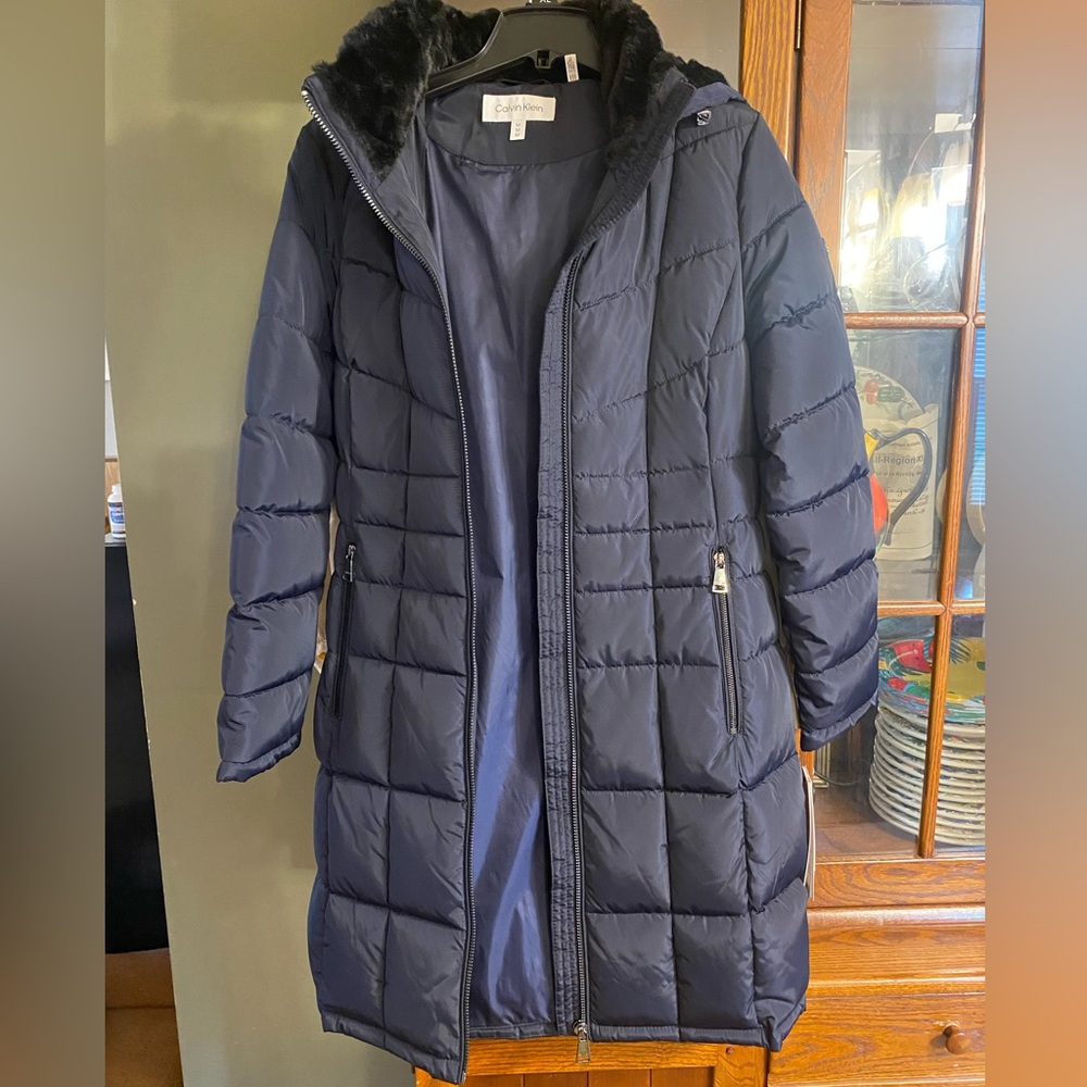 Calvin Klein Women's Dark Navy Quilted Long Puffer Coat with Hood
